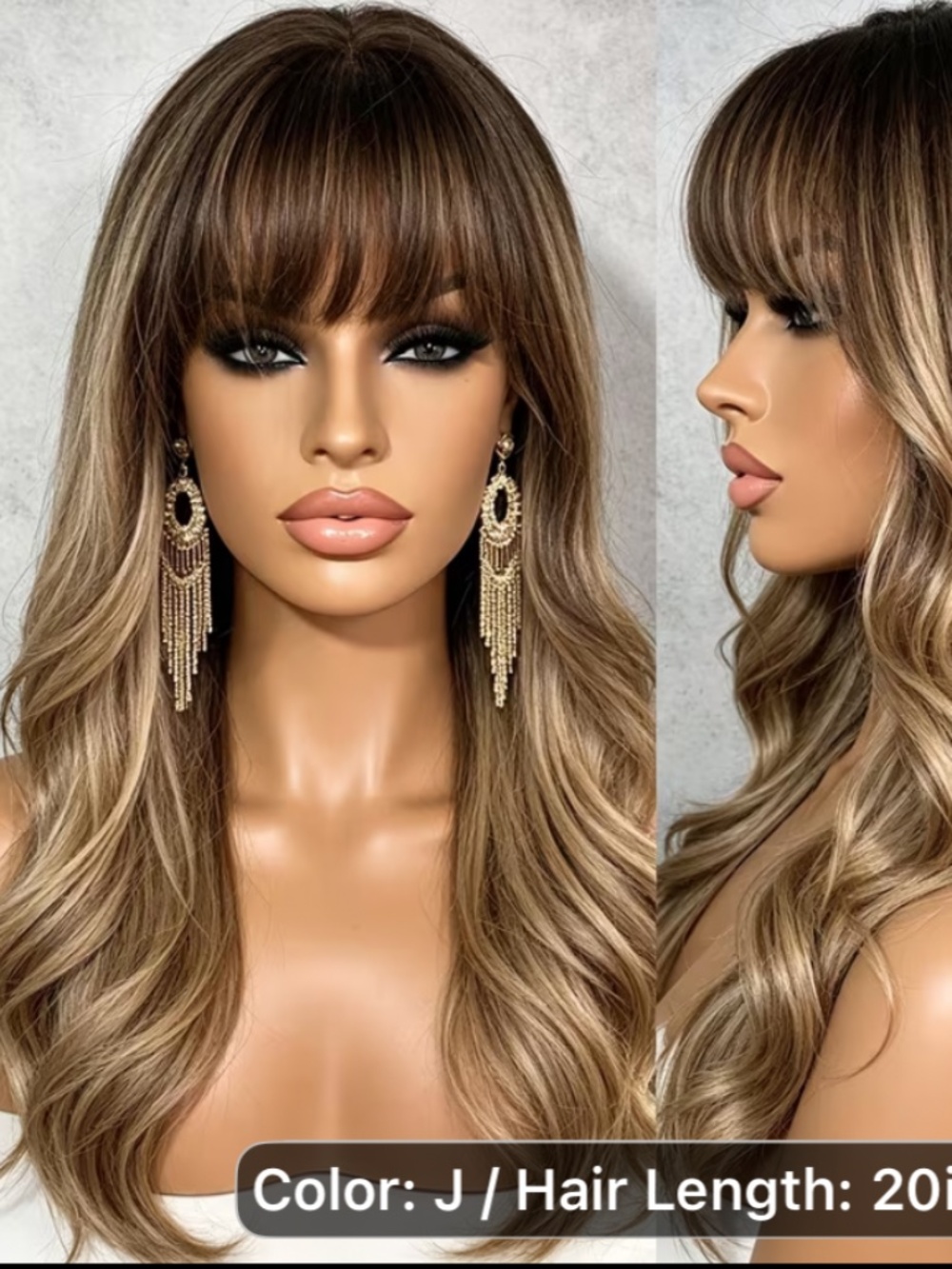 Long Wavy Wig with Bangs , 20 Inch Natural Looking Ombre Balayage Synthetic